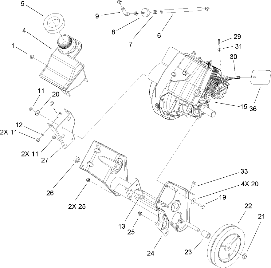 Engine, Gas Tank And Frame Assembly Diagram and Parts List for 33005 270000001 - 270999999 Lawn Boy Snow Blower